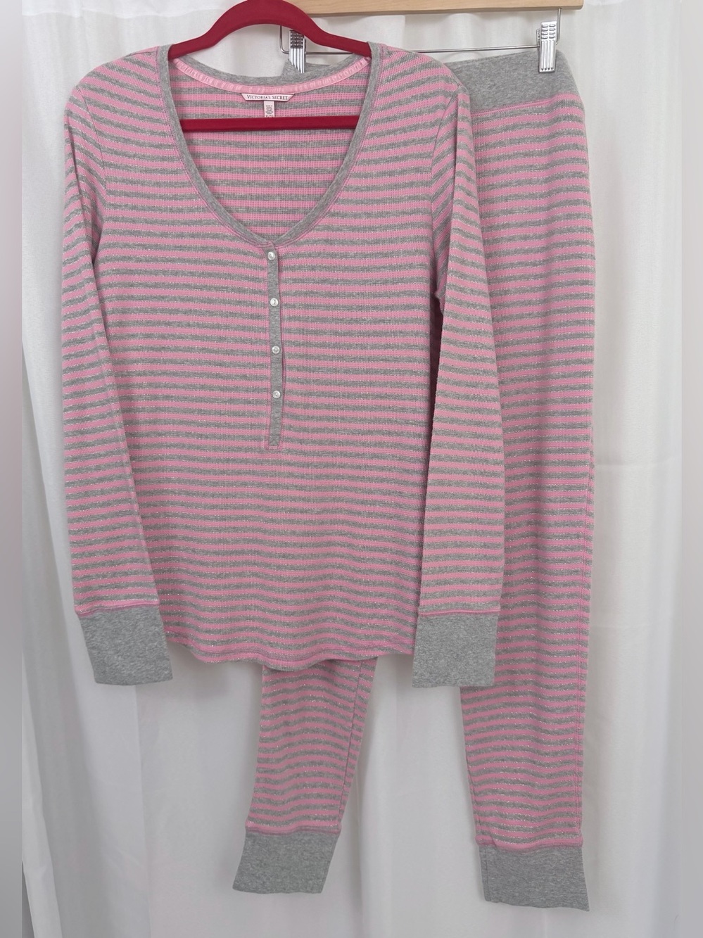 Victoria's Secret Pink & Gray Striped Woman’s Henley Pajama/Lounge Set XL